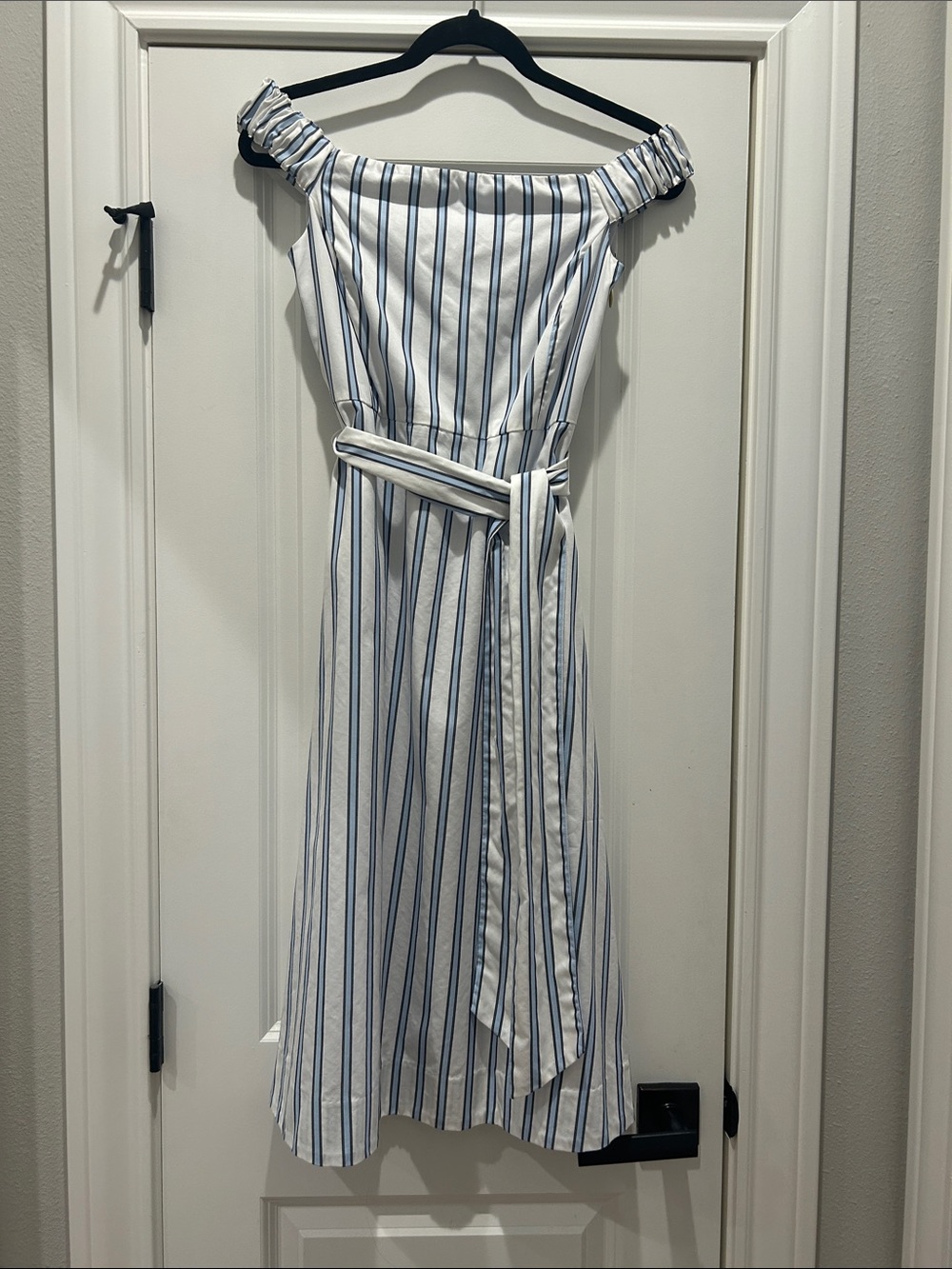 Draper James Off-Shoulder Blue & White Striped Midi Dress with Waist Tie size 4
